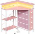 VENNQD Corner Desk with Drawers Shelves for Small Space 90 Degrees Triangle Computer Desk with Power Outlets,Gaming Desk with LED Lights Monitor Stand for Home Office Workstation Writing Table (Pink)