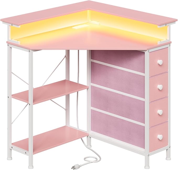 VENNQD Corner Desk with Drawers Shelves for Small Space 90 Degrees Triangle Computer Desk with Power Outlets,Gaming Desk with LED Lights Monitor Stand for Home Office Workstation Writing Table (Pink)