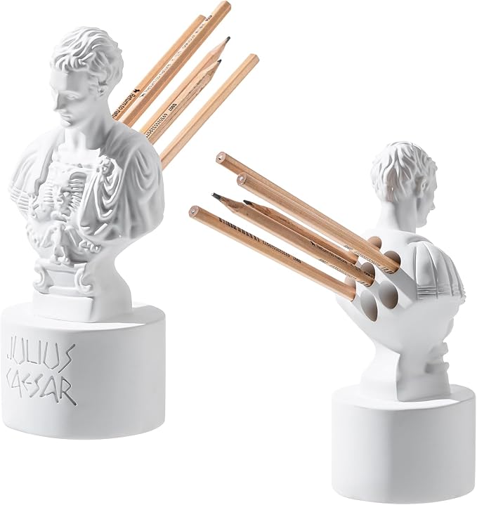 Julius Caesar Pencil Holder, 7.87" Resin Bust Statue with Back Stabbed Holes, Roman Desk Organizer