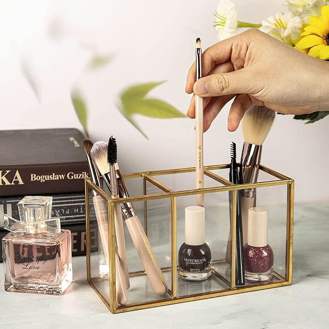 NIUBEE Acrylic Pen Holder 3 Compartments, Gold Pencil Organizer Cup for Countertop Desk Accessory Storage