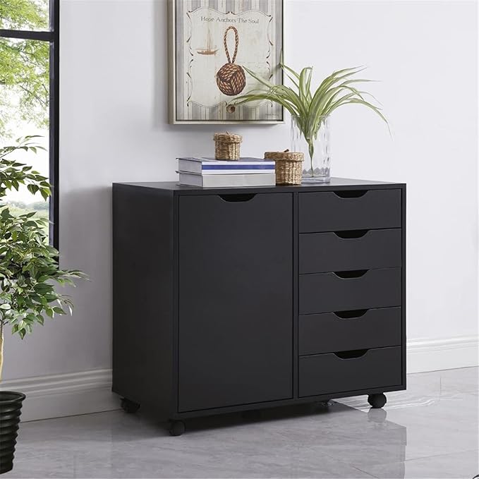 Naomi Home Amy 5-Drawer Craft & Office Storage Cabinet with Shelf, – Mobile Under Desk Unit with Lockable Wheels, Adjustable for Printers & Supplies, 15.7" D x 18.9" W x 32.2" H