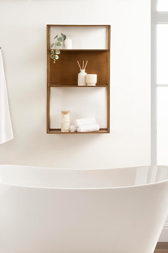 Kate and Laurel Nomi Modern Metal Bathroom Wall Shelf; 18 x 6 x 32; Gold; Contemporary Sleek Tiered Metal Shelves for Wall Decor; Display; and Over-the-Toilet Storage