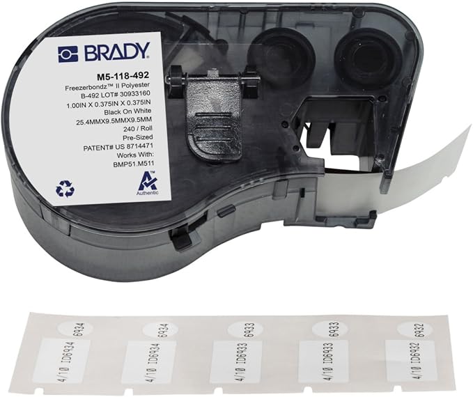 Brady Authentic (M5-118-492) FreezerBondz™ Ultra-Thin Cryogenic Polyester LBL .375 x 1 x .375Dia Black on White, 240 Labels. for use with the BMP51 and M511 Label Printers