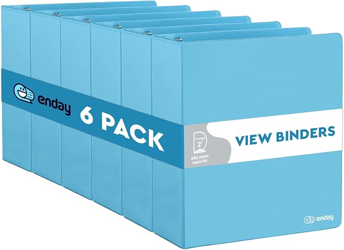 Enday 2 inch 3 Ring Binder (6 Pack - Blue) Binder 2 inch with Clear View Cover and 2 Inside Pocket - for Letter Size 8.5 x 11'' Paper, Ideal for School Supplies, Office, and Home
