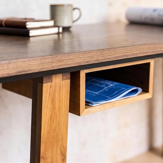 Hives & Honey Aiden Writing Desk, 64” Modern Wood Home Office Desk with Open Storage Compartments, Spacious Work Surface & Trapezoid Legs for Bedroom or Workspace, Oak