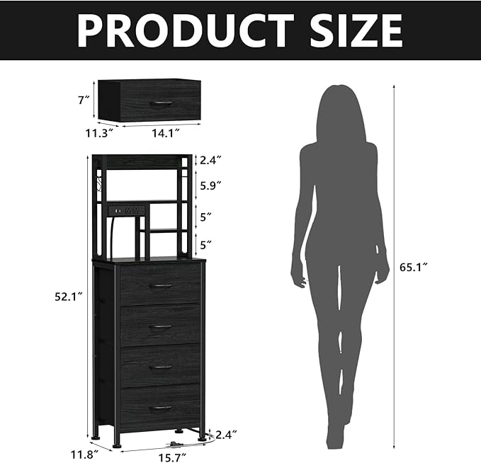 Tall Nightstand, LED Night Stand with Charging Station | USB Ports, 4 Fabric Drawers and 4 Tier Storage Shelf, Nightstands Bedside Tables for Bedroom, Dorm, Office (Black Oak)