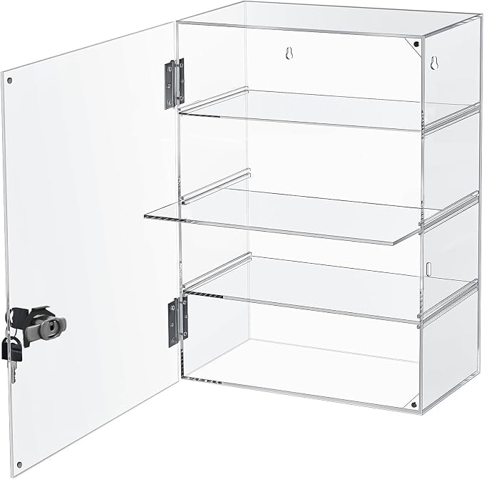 Acrylic Display Case with Lock Key 4 Tier Clear Display Case Locking Cabinet for Collectibles Figure Knife Rock Perfume Countertop Retail Showcase Display Box Wall Mount with Shelves 11.8x5.9x15.7 in