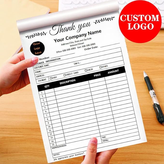 Personalized Invoice Book Custom 2 Part/3 Part Receipt Book Quote Estimate Order Forms Carbonless Form with Your Company Name Logo Address,2-10 Books (Style 11)