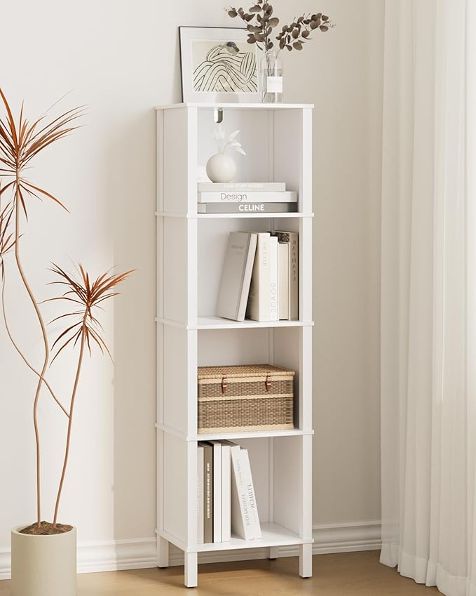 Bookshelf, Modern 4-Tier Bookcase, Open Storage Book Shelf, 11 × 14.2 × 50.4 Inches, Small Narrow Bookshelves for Living Room, Home Office, Bedroom, White
