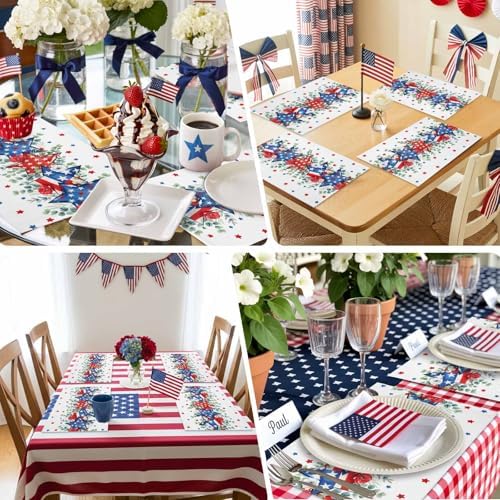 4th of July Placemats Set of 6, Patriotic Memorial Day Heat Resistant Washable Dining Table Mats Holiday Farmhouse Decor for Kitchen&Table Linens Outdoor Indoor,American Stars Summer Poppy Eucalyptus