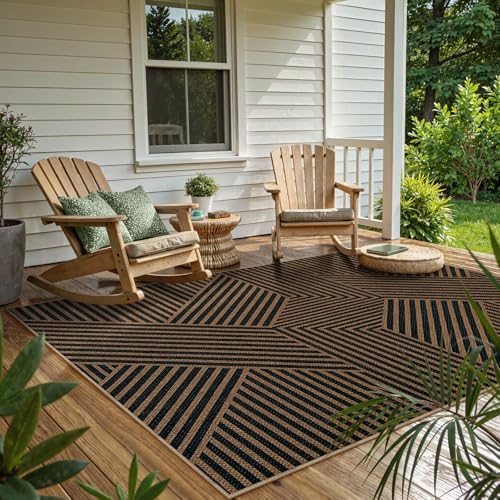 Lahome Geometric Easy Jute Outdoor Rug 5x7, Black Modern Entryway Rug