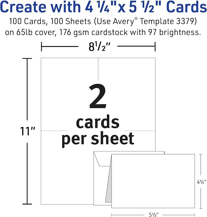 Avery® Printable Note Cards, Envelopes Included, 4.25" x 5.5", Textured White, Inkjet Printer Compatible, 50 Blank Cards per Pack, Great for Product Branding, Marketing, and More (2 Packs of 5813)