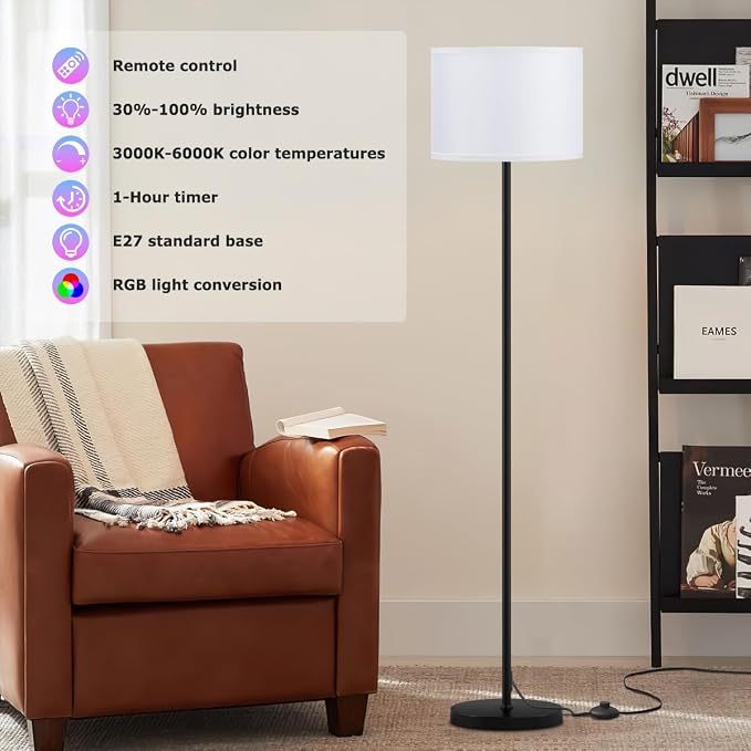 Floor Lamp for Living Room with Smart Light Bulb, RGB + Stepless Dimmable Colors Temperature & Brightness(White Shade & Black Pole)