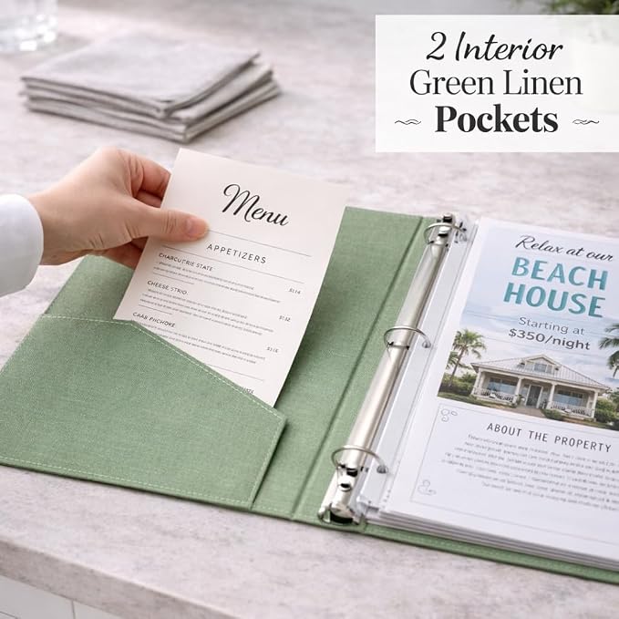 Paper 'n Such Welcome Binder for Short Term Rentals –Green Linen Fabric 3 Ring Folder for Airbnb, Vacation Home, House Manual & Guest Information - Letter Size