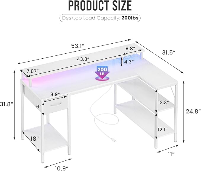 DUMOS 53 Inch Gaming Desk, L Shaped Desk, LED Lights | Monitor Stand, Storage Shelves, Computer Table, USB Charging Ports, Power Outlets, Small Spaces, White