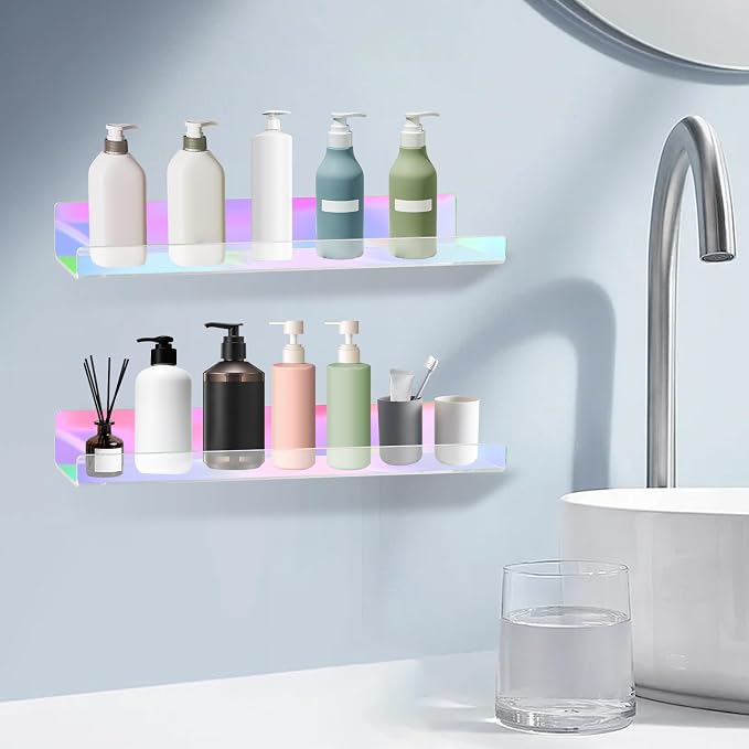 Dezzer 6 Pack Acrylic Shelves for Wall, 15" Acrylic Floating Shelves for Bathroom Bedroom, Invisible Bookshelf Wall Ledge Storage Shelf Books Perfume Toys Action Figure Display Shelves, Iridescent