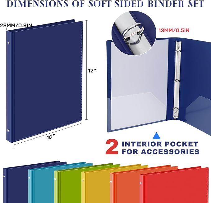 Fulmoon 6 Pack 0.5 Inch Plastic 3 Ring Binders with Pockets, Rainbow Colors | Flexible Covers with Round Rings and Front Pockets for Organizing Papers at School, Office, Meetings and Presentations