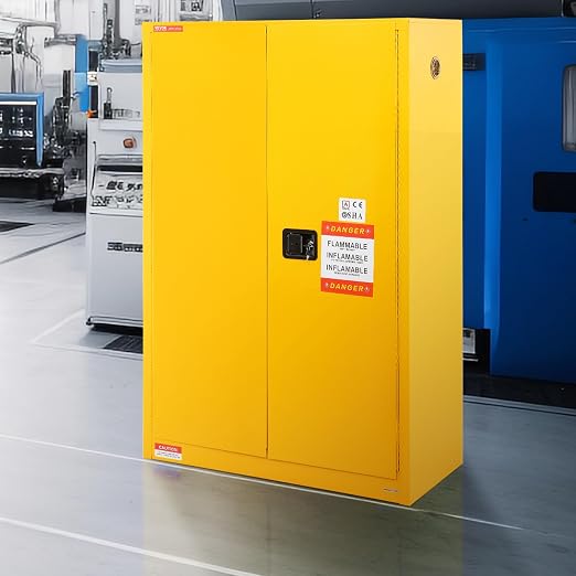 VEVOR Flammable Cabinet, 45 Gal, 18" x 43" x 65", Yellow | Cold-Rolled Steel, Explosion Proof, 2 Adjustable Shelves, 2 Manual Doors, Industrial Use
