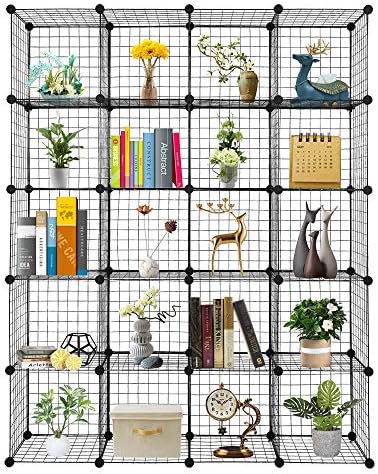 20-Cube Metal Wire Cube Storage with 1 Wooden hammer Stackable Storage Bins, Modular Bookcase, DIY Closet Cabinet Ideal for Living Room Bedroom, Home, Office 47''L x 14''W x 70''H Black (20-Cube)