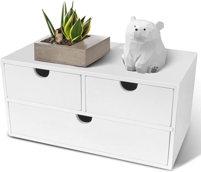 Charmewooden Bamboo Desk Organizer with 3 Drawers, Countertop Organizer with Drawers Makeup Storage Drawer 3 Drawer Tabletop Storage Organization Box Home Office Workspace（White）
