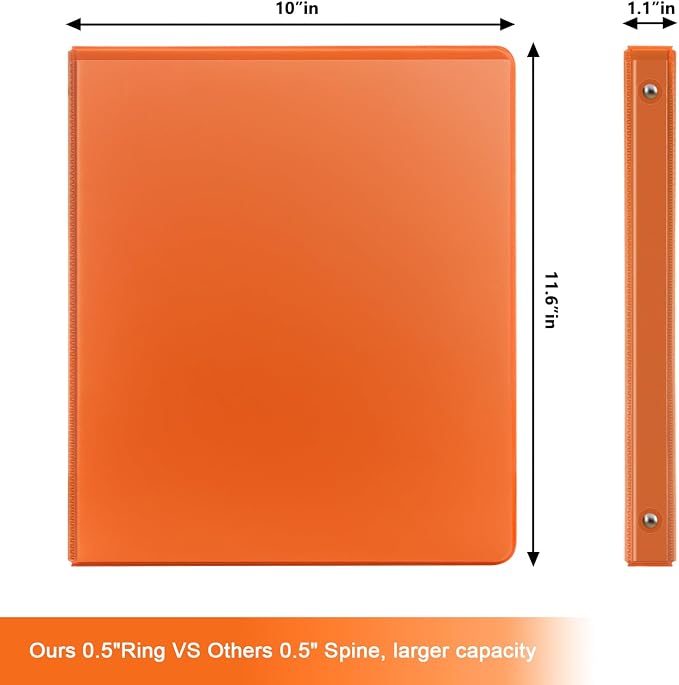COMIX Sturdy 0.5 Inch 3 Ring Binder with Clear View Cover | 0.5"Heavy Duty Round Ring,PVC-Free Board,Holds 100 Letter Sheets,Wholesale for Offices & Classrooms,6 Pack (Orange)