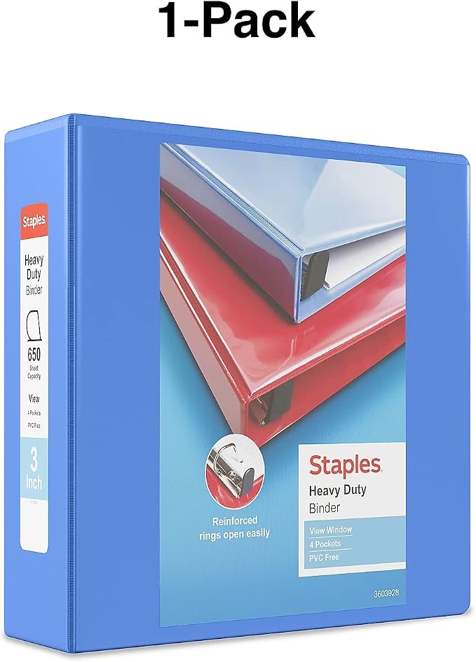 Staples Heavy-Duty 3-Inch 3-Ring View Binder with D-Rings, 4 Interior Pockets for High-Capacity Document Organization, Periwinkle, 2-Pack