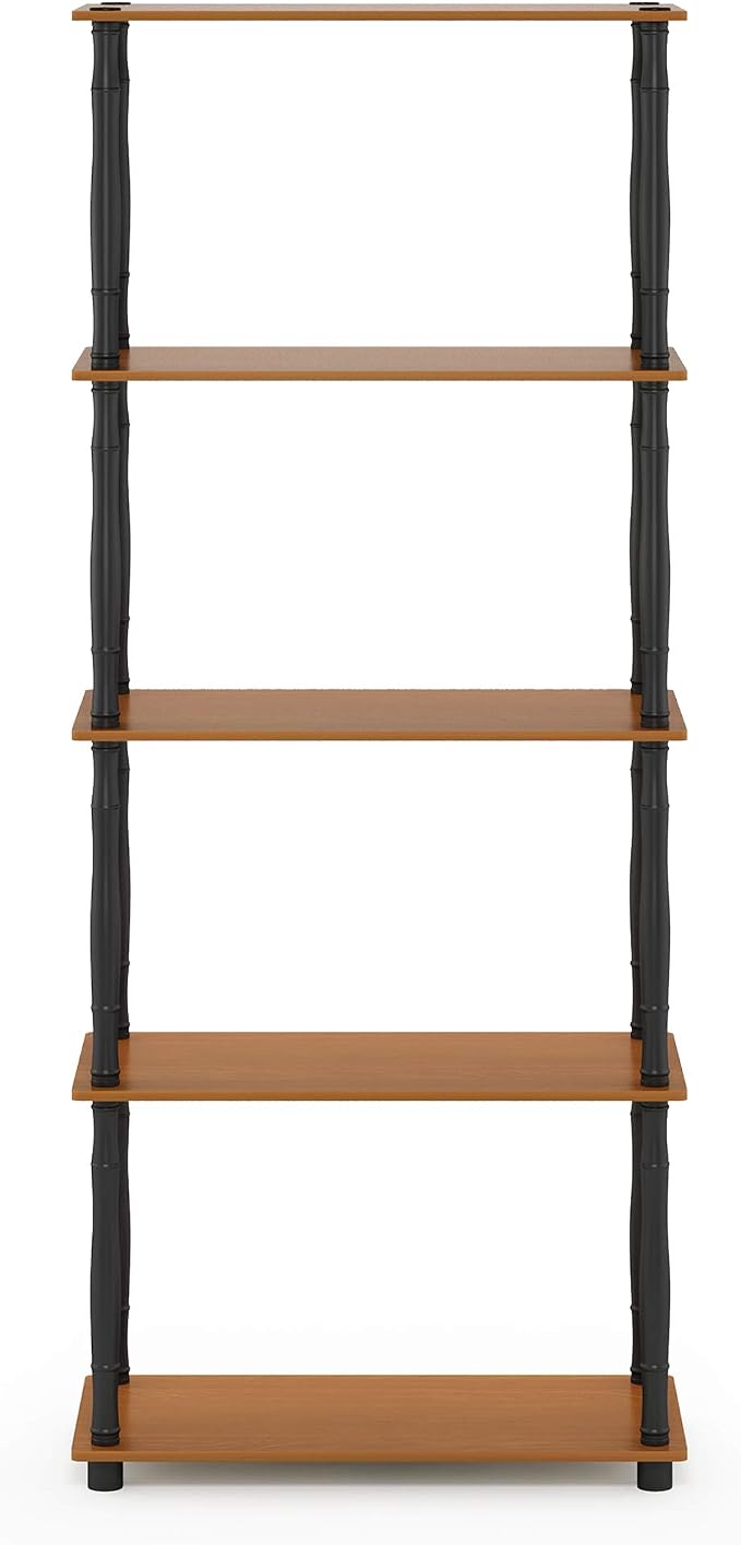Furinno TURN-S-TUBE Storage Shelves, 5-Tier Book Shelf, Corner Shelf, Toolless Open Shelves, Classic Tubes, for Organization and Storage, Living Room, Garage, Home Office, Light Cherry