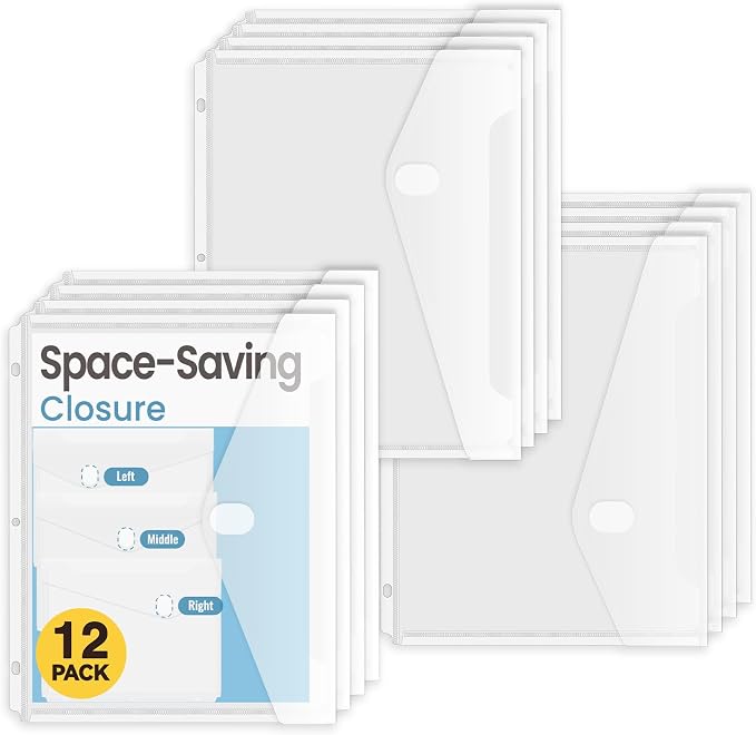 Sooez 12 Pack Binder Folders Pockets with Staggered Closures, Letter Size | Clear Binder Pockets for 3 Ring Binder, Space-saving Binder Organizer Sleeves, Binder Divider with Pockets, for School Office