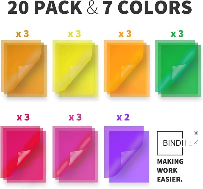 Binditek 20 Pack 10 Mil PVC Binding Presentation Covers, Letter Size, Square Corners, Un-Punched, Multi Color, Office Supplies | Binding Presentation Covers, Letter Size, Multi Color, Square Corners, Unpunched, Ideal for Business Reports and Proposals