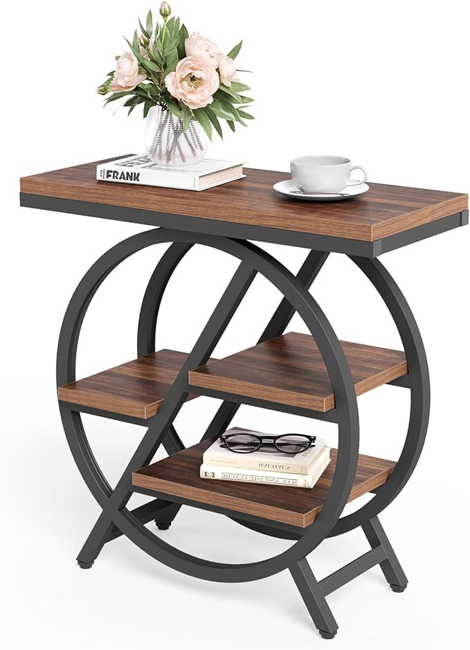 LITTLE TREE Industrial End Table, Narrow Side Table | Modern Bedside Table with 4-Tier Large Storage Space for Living Room, Home Office, Bedroom, Brown
