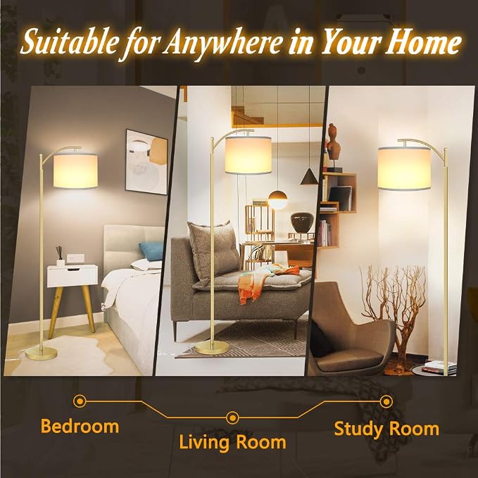 Floor Lamp for Living Room with 3 Color Temperatures LED Bulb, Standing Lamp Tall Industrial Floor Lamp Reading for Bedroom, Office (9W LED Bulb, White Lampshade Included) -Gold