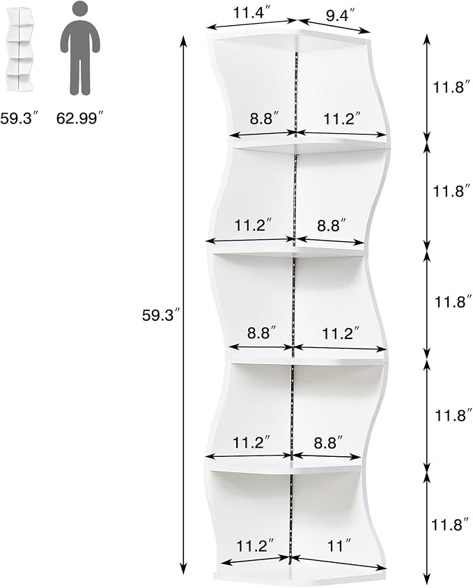 VECELO 6-Tier Compact Wave Corner Bookcase with LED Lights, Small Narrow Freestanding Bookshelf for Small Spaces, Living Room, Bedroom, Home Office (White)