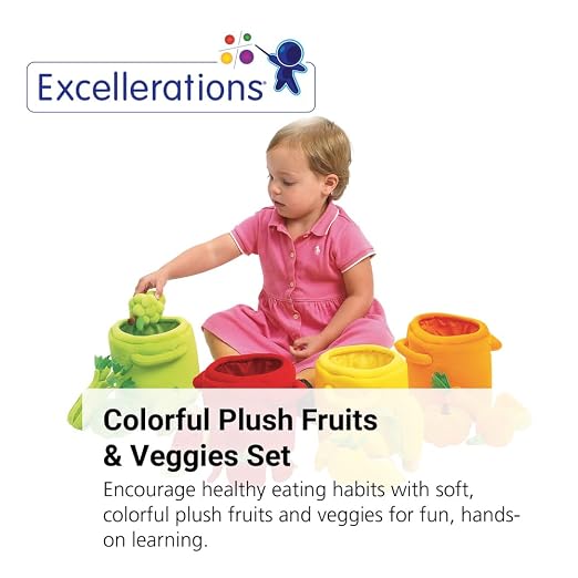 Excellerations Plush Fruits and Vegetable Sorting and Counting Toy for Toddlers, 20 Plush Sorting Pieces and Colored Bins, Early STEM Toddler Learning Toy