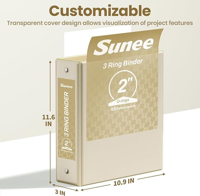 SUNEE 3 Ring Binder 2 Inch 4 Pack, Clear View Binder Three Ring PVC-Free (Fit 8.5x11 Inches) for School or Office Supplies, Neutral Aesthetic