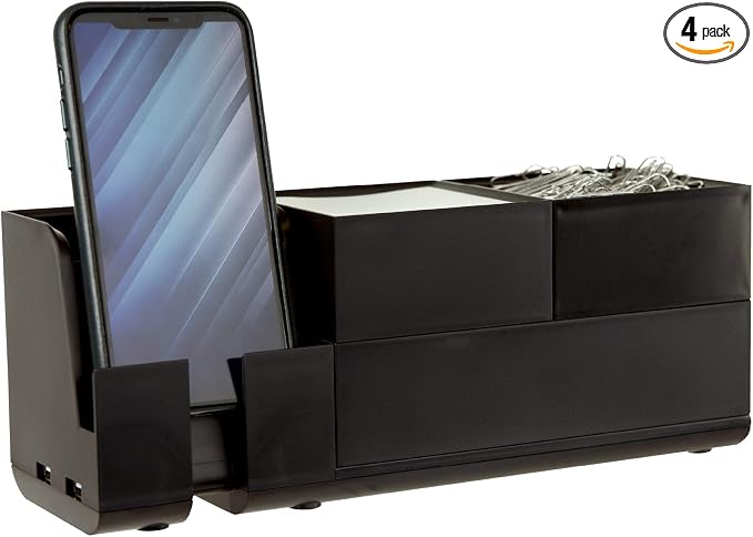 Bostitch Office Konnect Desk Organizer and Charging Station, 2 USB Ports & 2 Plugs, Charges Phones & Tablets, Accessory Tray, 4-Piece Design, Black