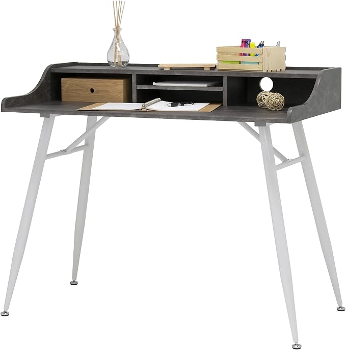 Calico Designs Woodford 45” Wide Modern, Secretary, Writing, Desk with Low Storage Hutch and Whtie Metal Tapered Legs in Marbled Dark Grey, White