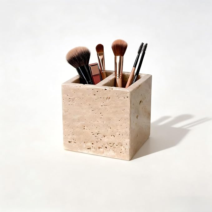 Natural Travertine Pen Holder, 2-Compartment Desk & Makeup Brush Organizer | Pen Holder for Pens, Scissors and Office Desk Decor, 3.94 x 3.94 x 3.94 in