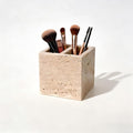 Natural Travertine Pen Holder, 2-Compartment Desk & Makeup Brush Organizer | Pen Holder for Pens, Scissors and Office Desk Decor, 3.94 x 3.94 x 3.94 in