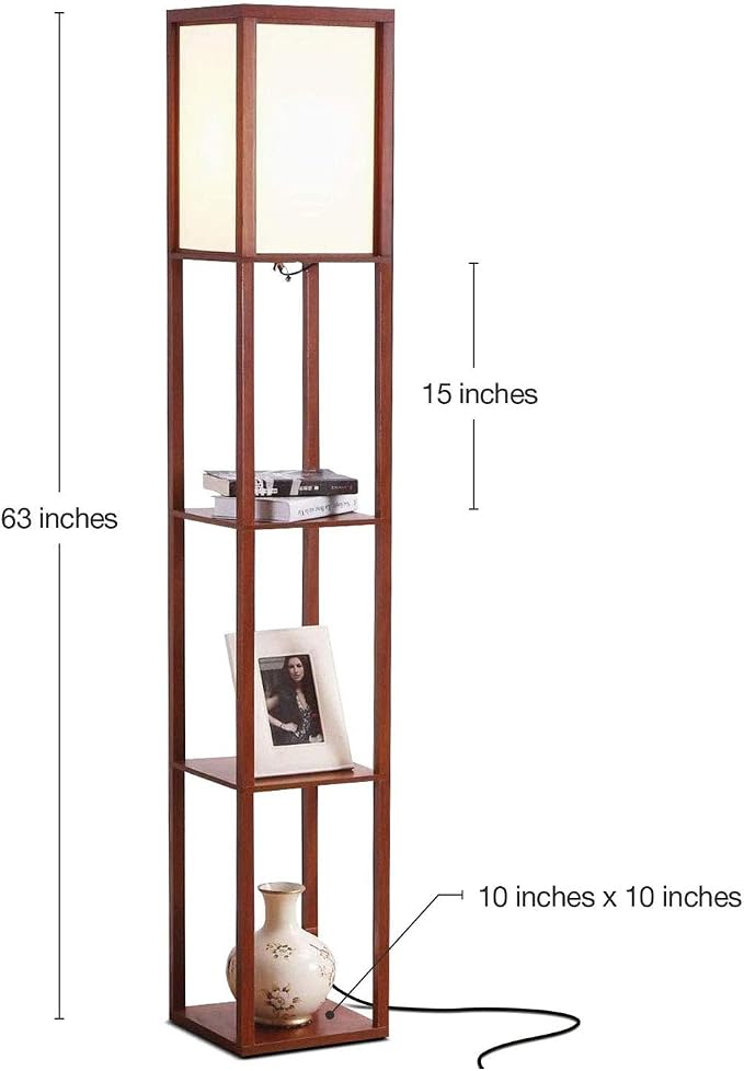 Brightech Maxwell - Modern Shelf Floor Lamp with Lamp Shade & Warm White LED Bulb, Corner Display Floor Lamp with Shelves for Living Room, Bedroom, Nightstand Office, Home Decor Storage - Walnut Brown