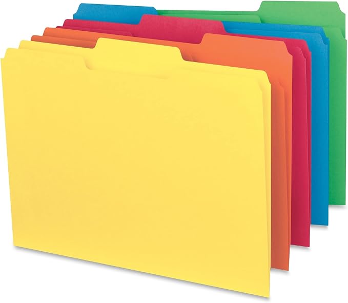 Smead Interior File Folder, 1/3-Cut Tab, Letter Size, Assorted Primary Colors, 100 per Box, Expandable File Folders for Filing Cabinet