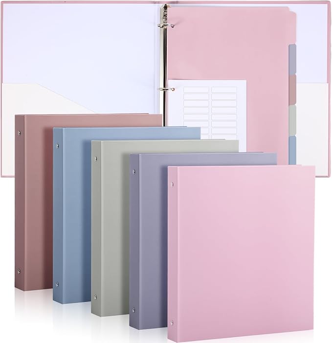 Ctosree 5 Sets 1 Inch Heavy Duty 3 Ring Binder with 2 Pockets with 5 Tab Dividers 8.5 x 11 Inch Plastic Film and File Folder Labels for Letter Size Paper Office Home Supplies(Warm Color)
