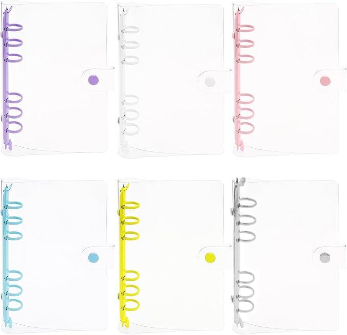 6 Pack PVC A6 Binder Transparent 6 Ring Binder Clear Soft PVC Notebook Cover Budget Planner Folder Cover with Snap Button