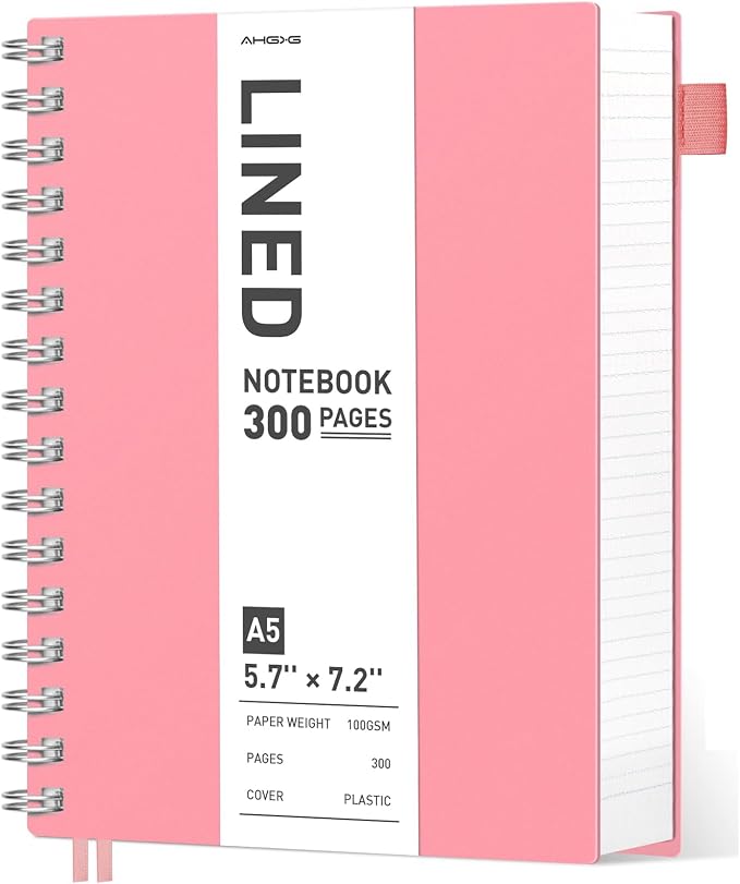 AHGXG Spiral Notebook - A5 Notebook College Ruled, Small 5.7" X 8.22", 300 Pages/150 Sheets Thick Notebook Journal, 100GSM Lined Paper, Plastic Hardcover, for Work Office School Writing Notes, Pink