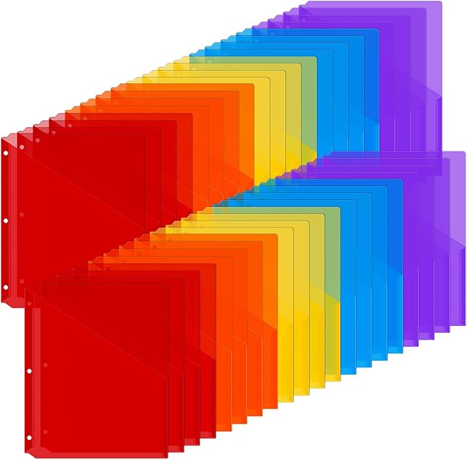Maitys 50 Pack Binder Pockets 3 Ring, Letter Size 8.5x11,Multicolor | Clear Plastic Document Sleeves, Sheet Protectors with Slash Jacket, Fits Standard 3 Hole Binders, Organize Office Papers