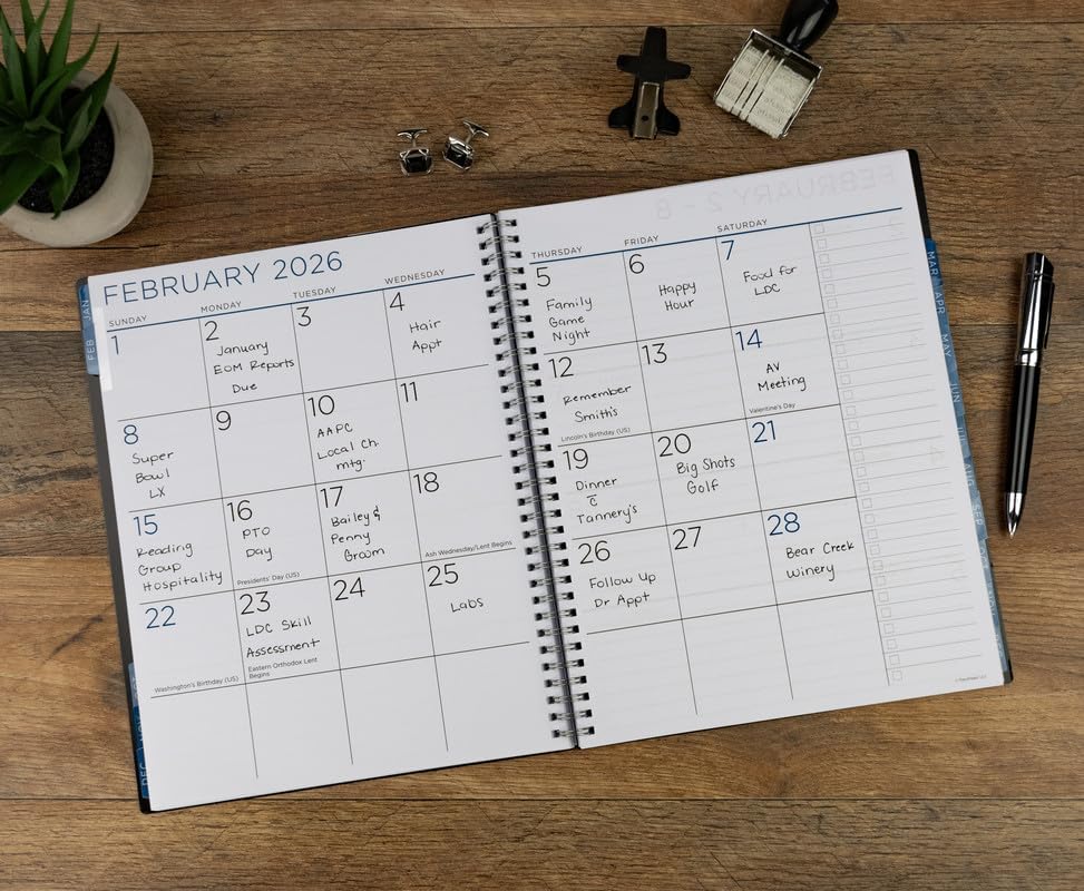 PlanAhead 2026 Planner - 11"x9.75" 15 Month Weekly & Monthly Academic Planner Notebook with Tabs - Black Grid Design - Spiral Calendar Agenda for School, Work & Office