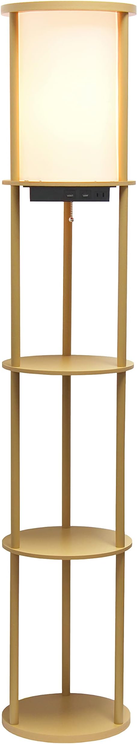 Simple Designs LF2010-TAN 62.5" Round Modern Shelf Etagere Organizer Storage Floor Lamp with 2 USB Charging Ports, 1 Charging Outlet and Linen Shade for Living Room Bedroom Office, Tan