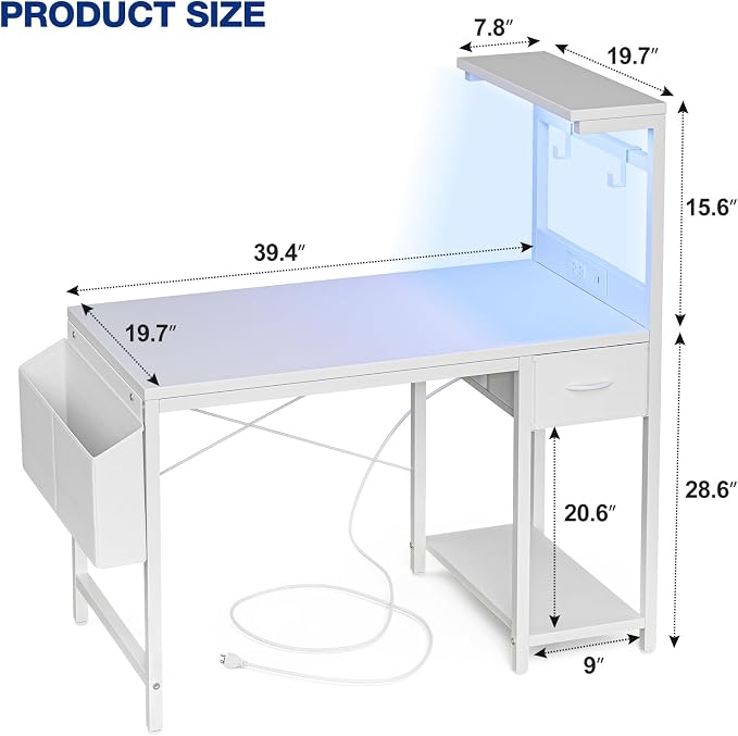 Grandder Gaming Desk 40 Inch with Power Outlet and LED Light, Computer Desk with Reversible Shelves and Storage Drawer, Pc Small Desk for Home Office Table with Bag, Carbon Fiber White
