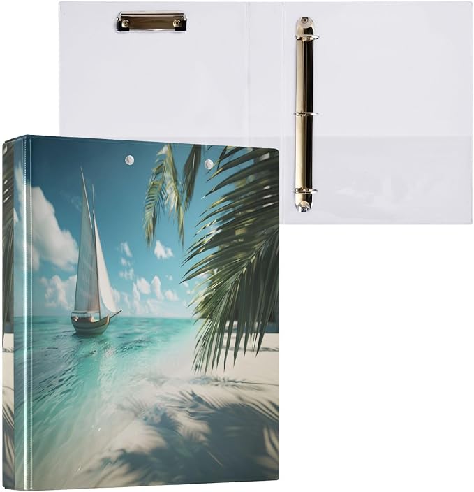 Custom 3 Ring Binder Sailboat Sunny Tropical Beach 1.5" Round Ring Binders Personalized Name View Binder with 200 Sheet for Women Men Office Kids School Supplies, 1 Pack