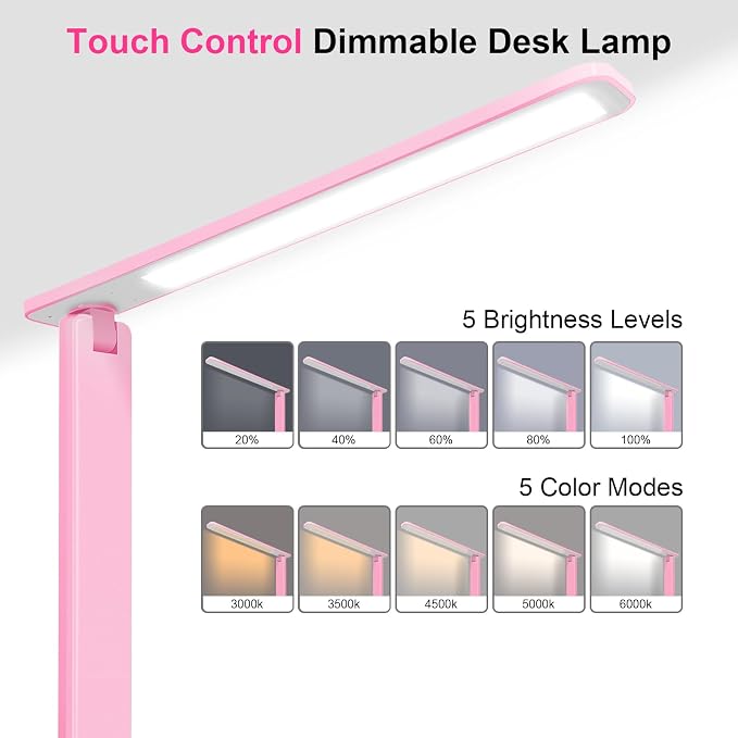 LED Desk Lamp for Office Home, Bright Desk Light with USB Charging Port, Adjustable Dimmable Desk Lamps 5 Modes 5 Brightness, Touch Study Lamp for Nail, Craft, Puzzle, Sewing, Study, Pink