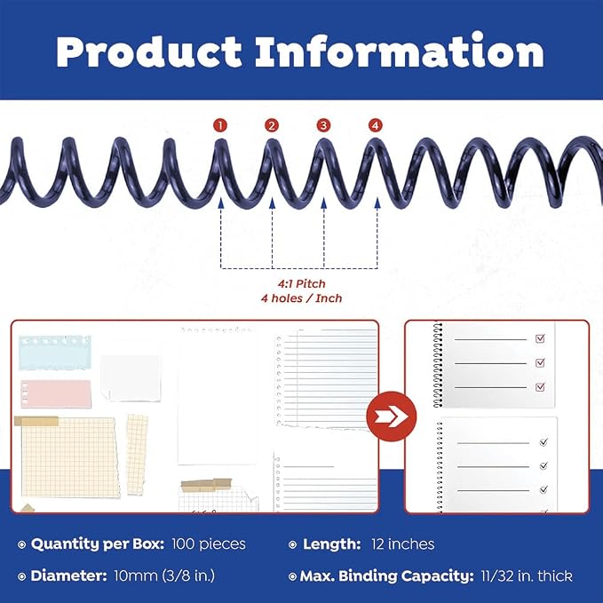 13mm (1/2 in.) Spiral Binding Coils for Reports, Presentations and Proposals | 4:1 Pitch | 12 in. Length | Navy | 105 Sheets Binding Capacity | 100 Pack